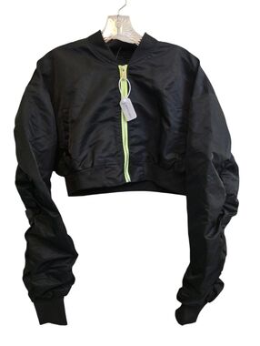 Cape Clique Cropped Black Jacket With Ruched Sleeves And Neon Zipper Detail OS